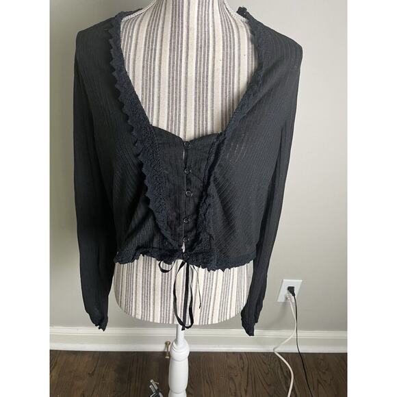 Free People black button down Large Peaseant Pullover W-tie closure BOHO - Picture 1 of 8